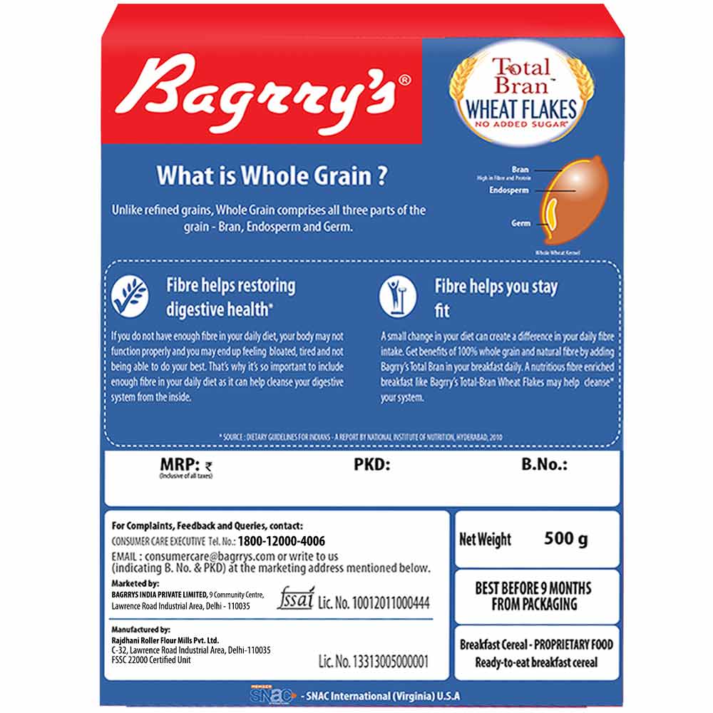 6 - Bagrrys Total Bran Wheat Flakes,  500 g  No Added Sugar 