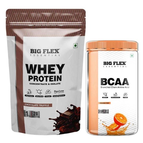 1 - Big Flex Essential Whey Protein Concentrate & Isolate,  2.2 lb  Chocolate Truffle with Bigflex Essential Bcaa Orange Fizz 250g 