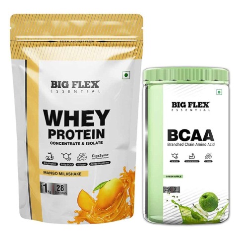 1 - Big Flex Essential Whey Protein Concentrate & Isolate,  2.2 lb  Mango Milkshake with Bigflex Essential Bcaa Green Apple 250g 