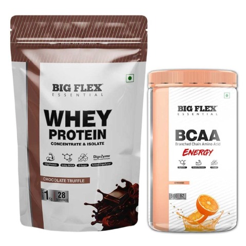 Big Flex Essential Whey Protein Concentrate & Isolate,  2.2 lb  Chocolate Truffle with Bigflex Essential Bcaa Energy Orange 500g 