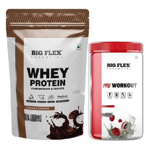 Big Flex Essential Whey Protein Concentrate & Isolate, 2.2 lb Cookies & Cream with Bigflex Essential Pre-Workout Lychee 400g