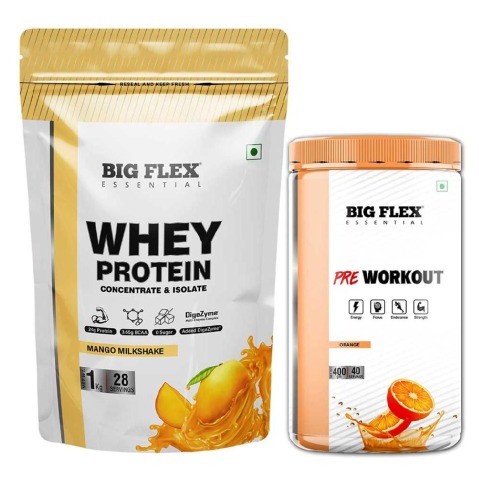 Big Flex Essential Whey Protein Concentrate & Isolate, 2.2 lb Mango Milk Shake with Bigflex Essential Pre-Workout Orange 400g