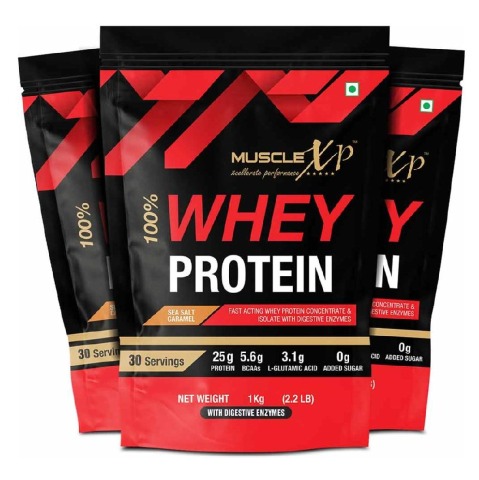 1 - MuscleXP 100% Whey Protein with Digestive Enzyme,  2.2 lb  Sea Salt Caramel (Pack of 3) 
