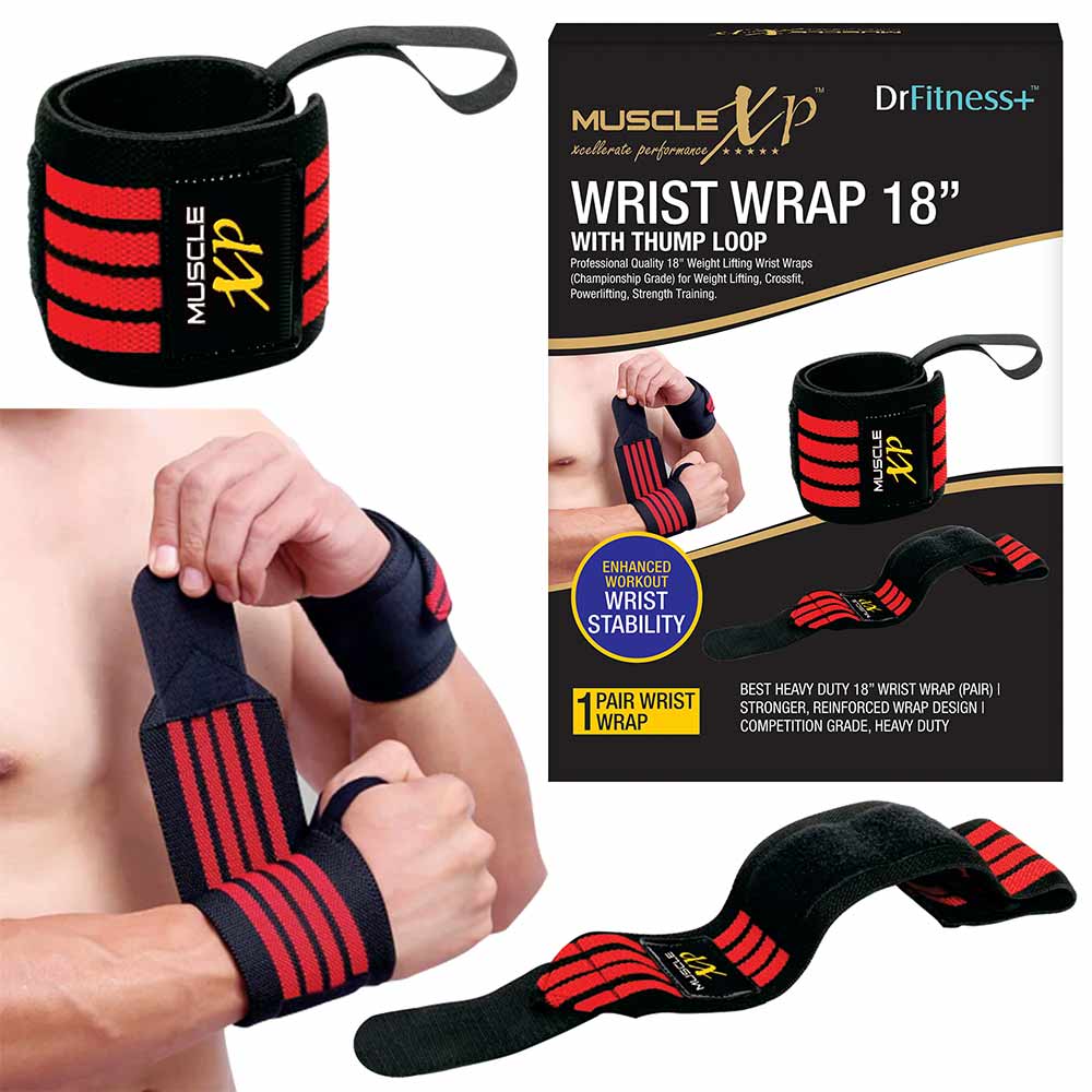 1 - MuscleXP Wrist Wrap with Thumb Loop,  Black & Red  18 inches 