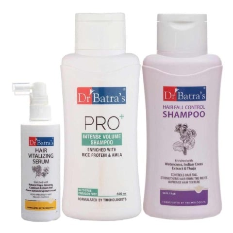 Dr Batra's Hair Vitalizing Serum, Hair Fall Control Shampoo - 500 ml & Pro+ Intense Volume Shampoo - 500 ml Combo, 3 Piece(s)/Pack Hair Care