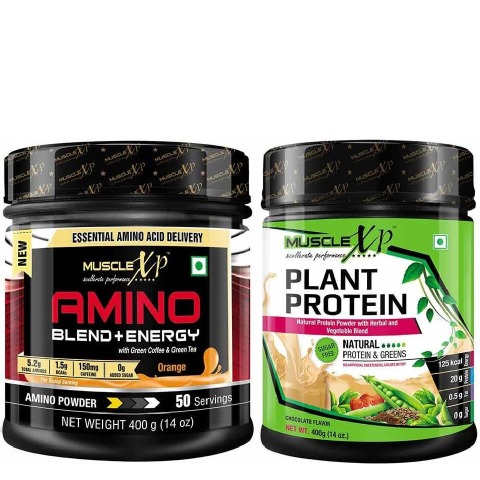 MuscleXP Amino Blend & Energy Powder, 2 Piece(s)/Pack 50 Servings Orange + Plant Protein Chocolate 0.88 lb