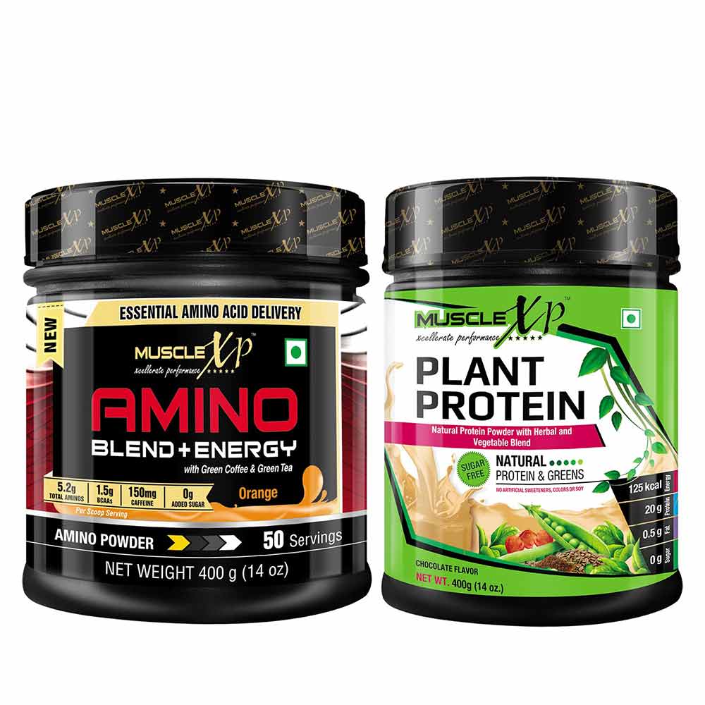 MuscleXP Amino Blend & Energy Powder,  2 Piece(s)/Pack  50 Servings  Orange + Plant Protein Chocolate 0.88 lb 