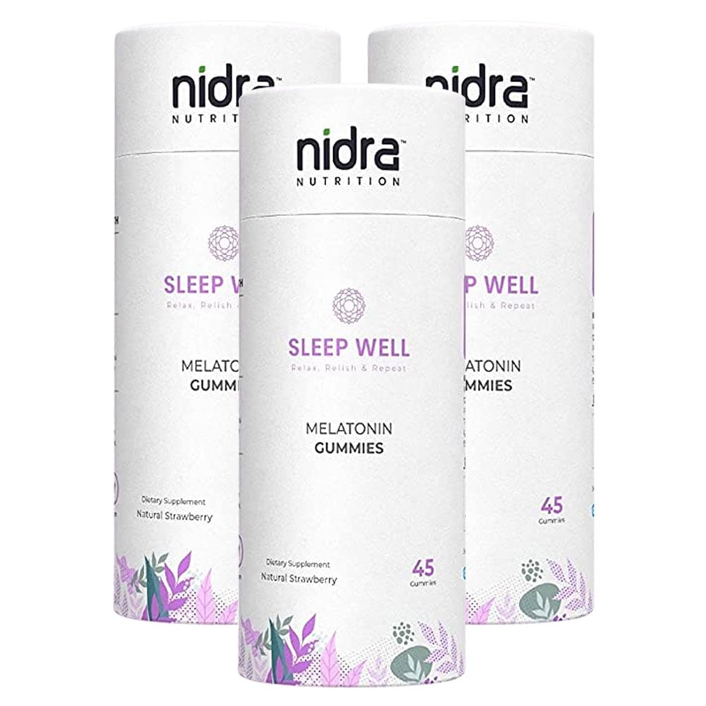 1 - Nidra Nutrition Sleep Well Melatonin,  45 gummies  Strawberry (Pack of 3) 