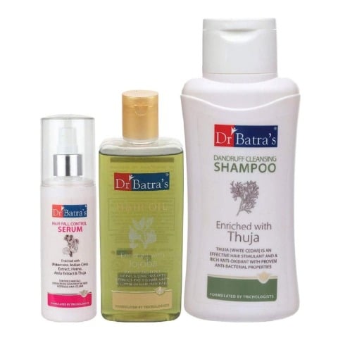 Dr Batra's Hair Fall Control Serum -125 ml, Dandruff Cleansing Shampoo - 500 ml & Hair Oil - 200 ml Combo, 3 Piece(s)/Pack Hair Care