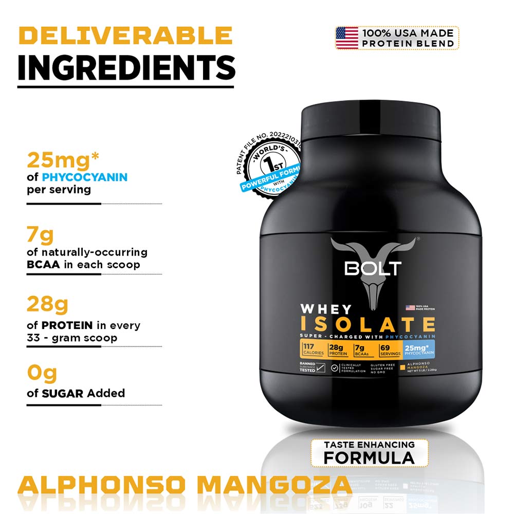 3 - Bolt Whey Isolate Super-Charged With Phycocyanin,  5 lb  Alphonso Mangoza 