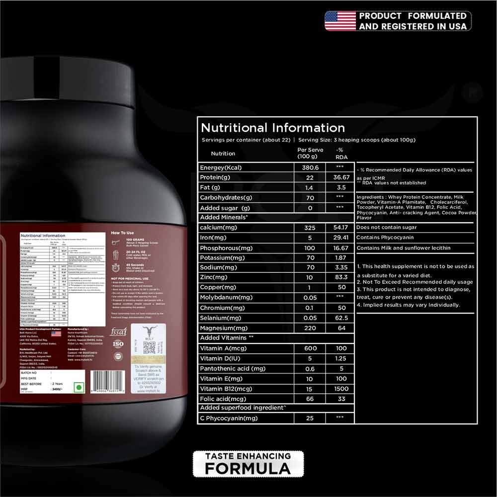 2 - Bolt Mass Gainer Super-Charged With Phycocyanin,  5 lb  Mawa Malai 