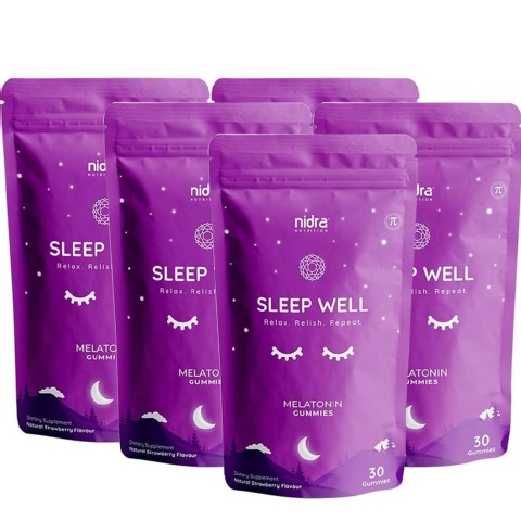 1 - Nidra Nutrition Sleep Well Melatonin 3mg,  30 gummies  Strawberry (Pack of 5) 