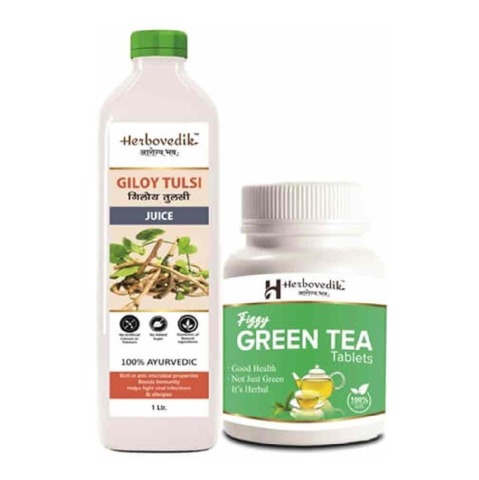 1 - Herbovedik Giloy Tuksi Juice & Fizzy Green Tea Tablets Combo,  2 Piece(s)/Pack 