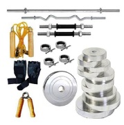 Body Maxx Unisex 10kg Steel Weight Plate Gym Set with 14 inch Dumbbell Rod 3ft Curl Rod 5ft Plain Rod Skipping Rope and Accessories GA 177
