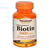 Sundown Naturals High Potency Biotin (5000 mcg), Unflavoured 60 capsules