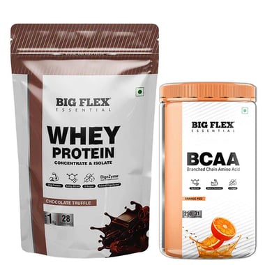 Big Flex Essential Whey Protein Concentrate & Isolate, 2.2 lb Chocolate Truffle with Bigflex Essential Bcaa Orange Fizz 250g