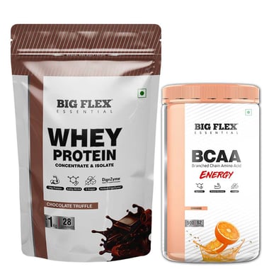 Big Flex Essential Whey Protein Concentrate & Isolate, 2.2 lb Chocolate Truffle with Bigflex Essential Bcaa Energy Orange 500g