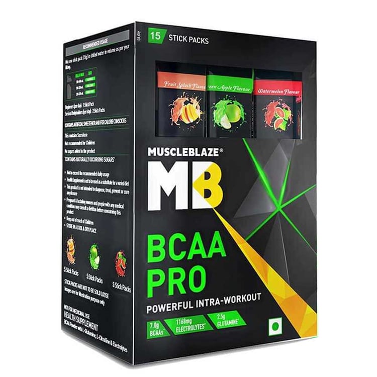 MuscleBlaze BCAA Pro Essential Amino Acids, 15 sachets/pack 15 Servings (15 Stick Pack )Watermelon, Fruit Splash & Green Apple