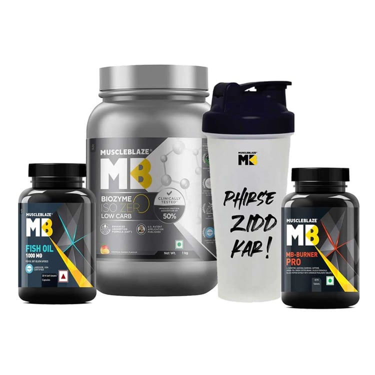 MuscleBlaze Iso-Zero Whey Protein Isolate, Fish Oil, Fat Burner PRO & Shaker Combo