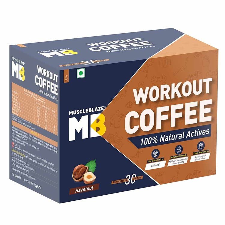 1 - MuscleBlaze Workout Coffee,  30 sachets/pack  Hazelnut Coffee with Herbs 