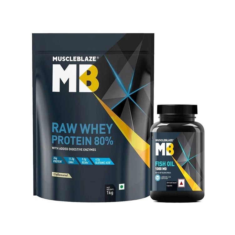MuscleBlaze 80% Raw Whey Protein 1 kg & Fish Oil 30 Caps Combo
