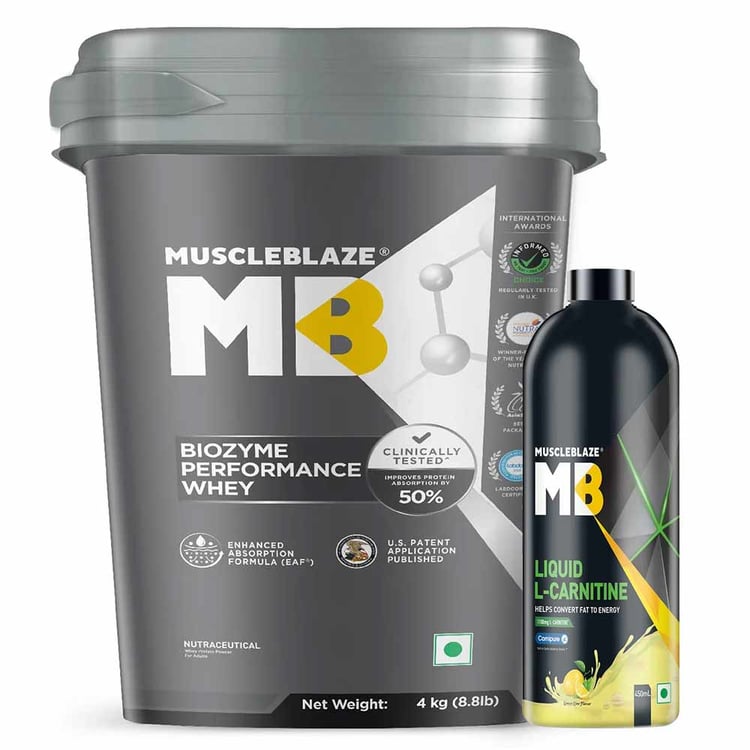 MuscleBlaze Biozyme Performance Whey 4 kg & L-Carnitine 450 ml Lemon Lime Combo